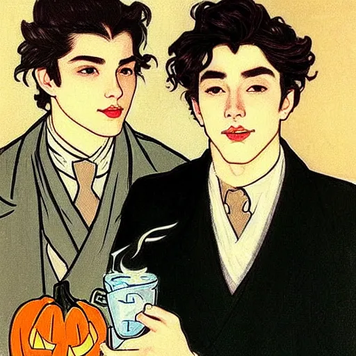 Image similar to painting of young cute handsome beautiful dark medium wavy hair man in his 2 0 s named shadow taehyung and cute handsome beautiful min - jun together at the halloween! party, bubbling cauldron!, candles!, smoke, autumn! colors, elegant, wearing suits!, clothes!, delicate facial features, art by alphonse mucha, vincent van gogh, egon schiele