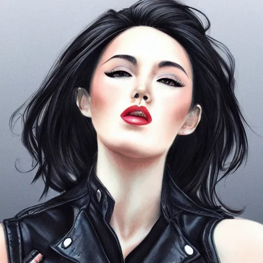 Image similar to woman with black hair and a leather jacket in a beautiful park, art by artgerm