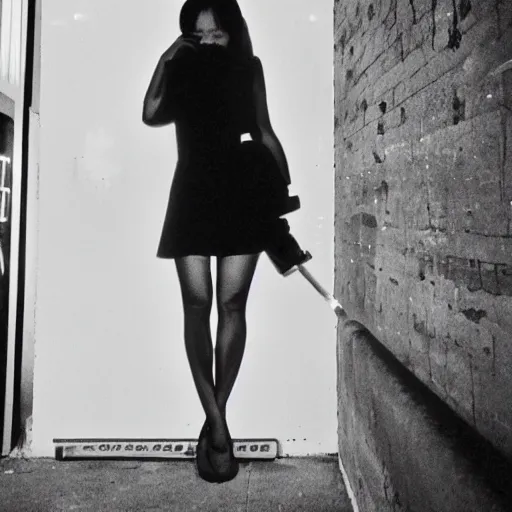 Prompt: foggy neon night, sayaka isoyama leaning back against a wall in a black minidress smoking a cigarette outside a neon lit entrance, 1 9 7 0 s, intricate, moody, tasteful, intimate, highly detailed, short focus depth, artgerm, daido moriyama