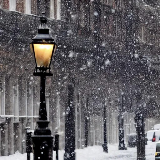 Image similar to an animal with its tongue stuck to a lamp post, snowy london street scene