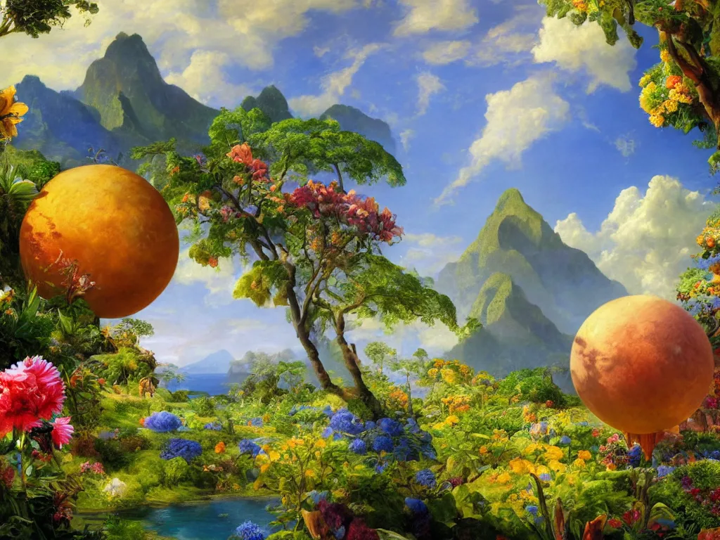 Image similar to kauai springtime, universe is a spheroid region 7 0 5 meters in diameter, sunlight study, art nouveau, by jan davidsz de heem and ( ( ( ( ( lisa frank ) ) ) ) ) and frederic edwin church, oil - painting, 3 d render, 8 k, extreme detail, sharp focus, octane render