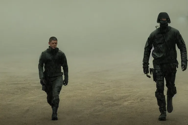 Image similar to still from bladerunner 2049 (2017) man wearing black tactical gear. mountain in background obscured by fog volumetric raining. green hill. Cyberpunk soldier holding rifle intimidating, reflective visor, emissive details. dark low exposure overcast skies.