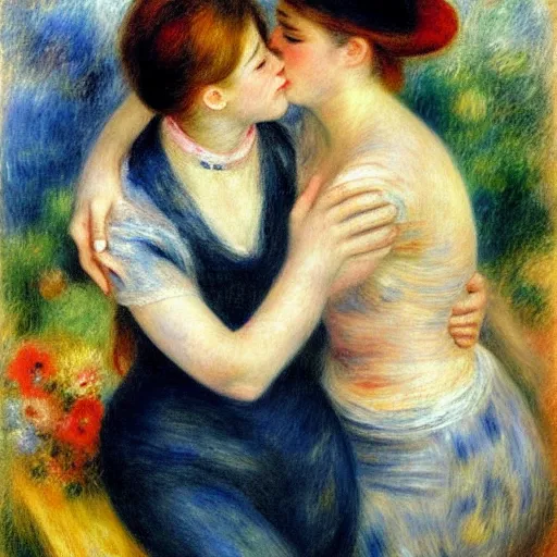 Image similar to art by renoir, real lgbt love, people wearing clothes