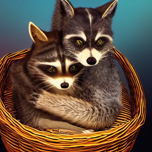 Prompt: a beautiful and realistic picture of a cat and a raccoon cuddling in a basket with a red sunset behind, photo realistic 4K, shot with a 35mm, very detailled, trending on Artstation