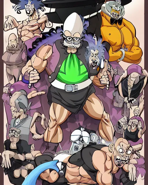 Prompt: Eustace Bagge as a bodybuilder anime villain, drawn by Yusuke Murata, full color, high octane, trending on artstation, digital art