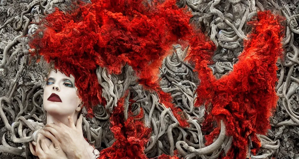 Image similar to a volcano made of ivory vines and crimson rocks enters in eruption, it spits a smoke in the shape of demonic eye, by Kirsty Mitchell