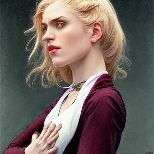 Image similar to portrait of a beautiful young blonde vampire, anatomically correct, dark, piercing eyes, gentle expression, elegant clothing, photorealistic, highly detailed, artstation, smooth, sharp focus, art by michael whelan, artgerm, greg rutkowski and alphonse mucha