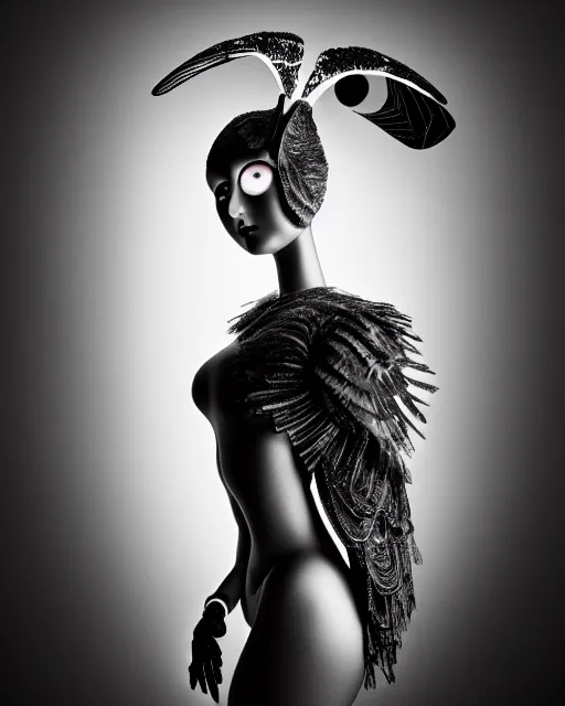 Image similar to surreal mythical dreamy dark artistic black and white fine art 3 / 4 fashion portrait photo of a young beautiful delicate female robot - owl with orchid - doll face, rim light, cinematic, studio dramatic light, poetic, masterpiece, octane render, 8 k, photo - realistic by gustave dore hg giger and man ray