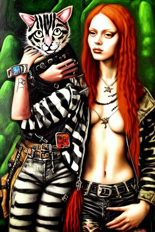 Image similar to punk rock girls making selfie with cats in jungle , mad max jacket, post apocalyptic, renaissance, highly detailed, digital painting, oil painting by Leonardo Da Vinci, hyper realistic style, fantasy by Olga Fedorova