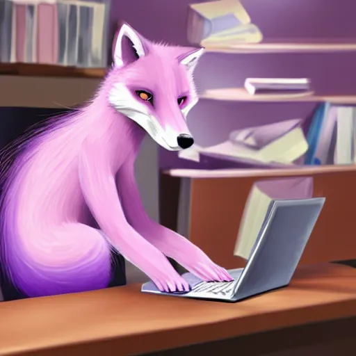 Prompt: A light pink fox with purple hair sits at a desk typing on a laptop with a cup of coffee, digital painting, furry fandom, detailed