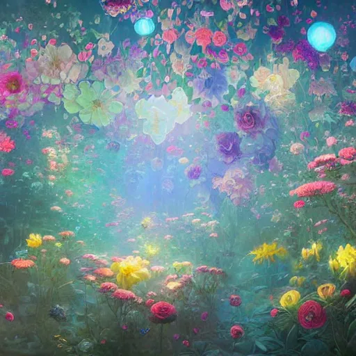 Prompt: a huge group of colorful flowers, very large transparent blossoms, light and shadow, mystically glowing, vivid, strong atmospheric light, detailed painting, by Ross Tran and James Jean and Dan Santat, masterpiece, award winning painting