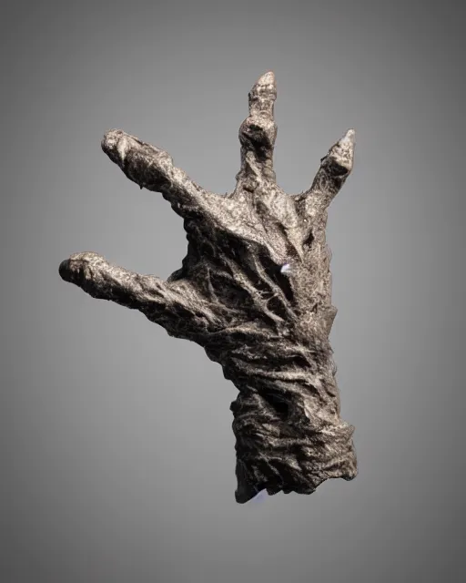 Image similar to photo of maquette sculpture of a creepy hand with a face creature, designed by jordu schell