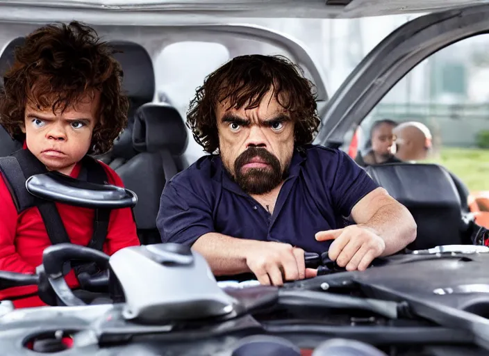 Image similar to peter dinklage racing gary coleman driving a little tikes cars, movie still, from the new fast and furious movie, 8 k, realistic