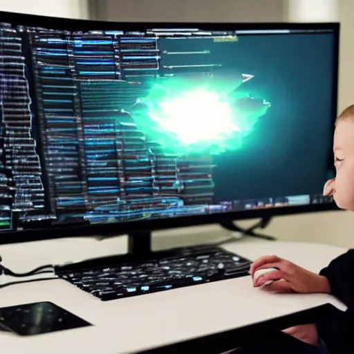 Image similar to a boy coding in a celestial computer to save the universe, celestial, cgi, 8k, futuristic, ultra future, highly detailed, satisfying