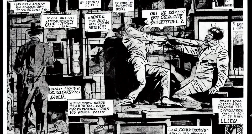 Prompt: a detective interrogating a suspect on the roof of the police station, by frank miller, comic book