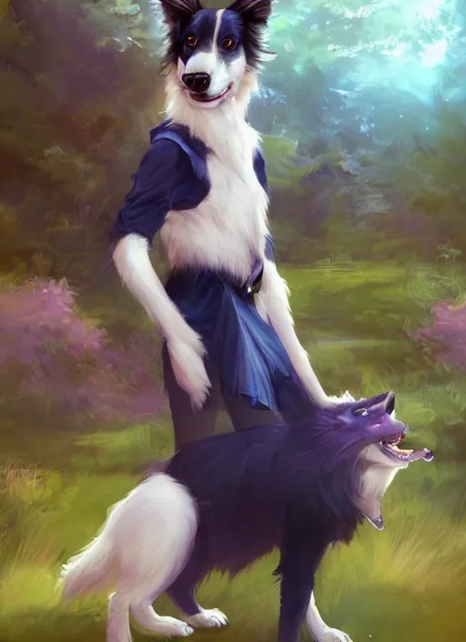 Prompt: beautiful wide angle full body portrait of a cute male anthropomorphic anthro border collie fursona wearing indigo clothes in a park, character design by charlie bowater, henry asencio, and ross tran, scenic background, detailed, glamor pose, aesthetic, trending on artstation, furaffinity, deviantart