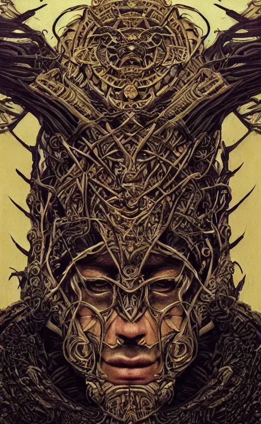 Image similar to Elder Ring themed painting of ancient hybrid majestic aztec shaman fantasy cyber human beautiful symmetrical face angry mask closeup face mask tattoo pattern golden ratio concept, deep forest psytrance Neo-Gothic concept, infinity glyph waves, intricate artwork masterpiece, very coherent artwork, cinematic, full frontal facial features by Artgerm, Takato Yamamoto, Zdizslaw Beksinski, Johnatan Wayshak, Moebius, H.R. Giger, Ayami Kojima, very coherent artwork, trending on cgsociety, ultra high quality model, production quality cinema model, high detail chromatic ink outline, octane render, unreal engine, 8k mandelbulber fractal, hyper realism, high detail, octane render, unreal engine, 8k, High contrast