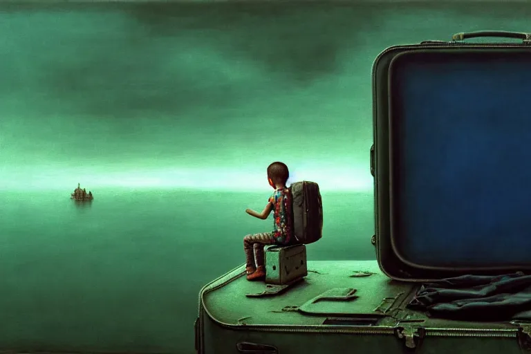 Image similar to hyperrealistica boy with binoculars sits on a suitcase floating on the sea, in the style of beksinski, solarpunk, atmospheric, clean, intricate and epic composition, green by caravaggio, insanely quality, highly detailed, masterpiece, blue light, artstation, 4 k