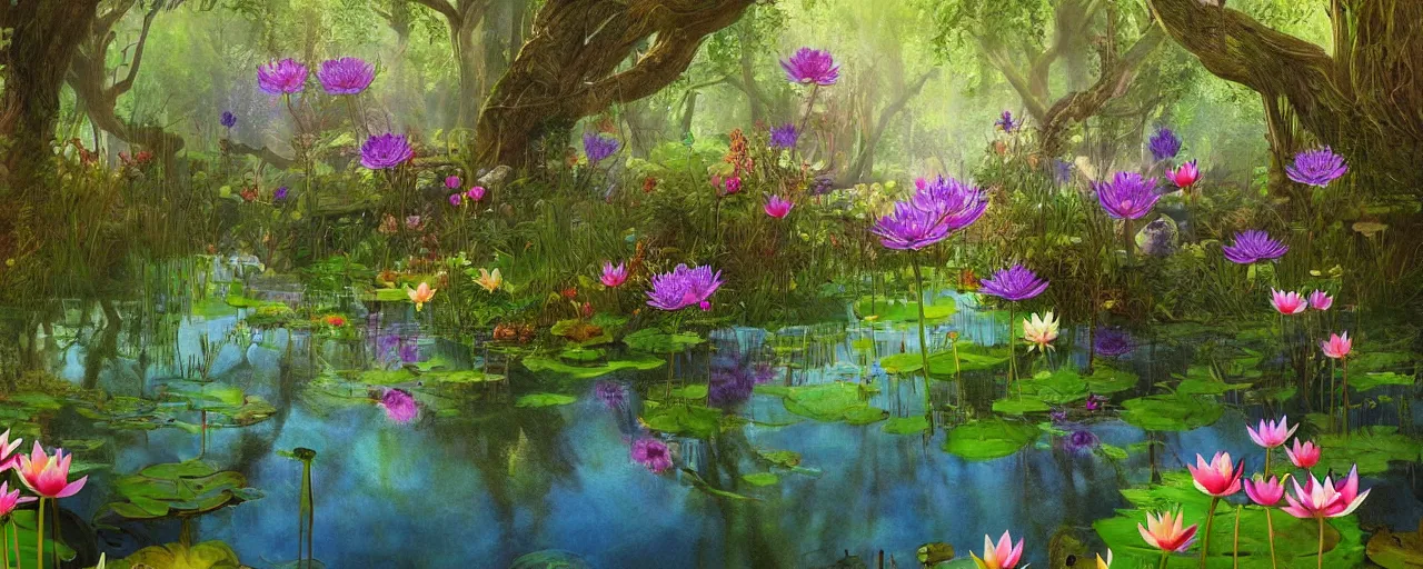 Image similar to groot flowers near a mirror like pond, by alan lee, colorful clothing, springtime flowers and foliage in full bloom, lotus flowers on the water, dark foggy forest background, sunlight filtering through the trees, digital art, art station