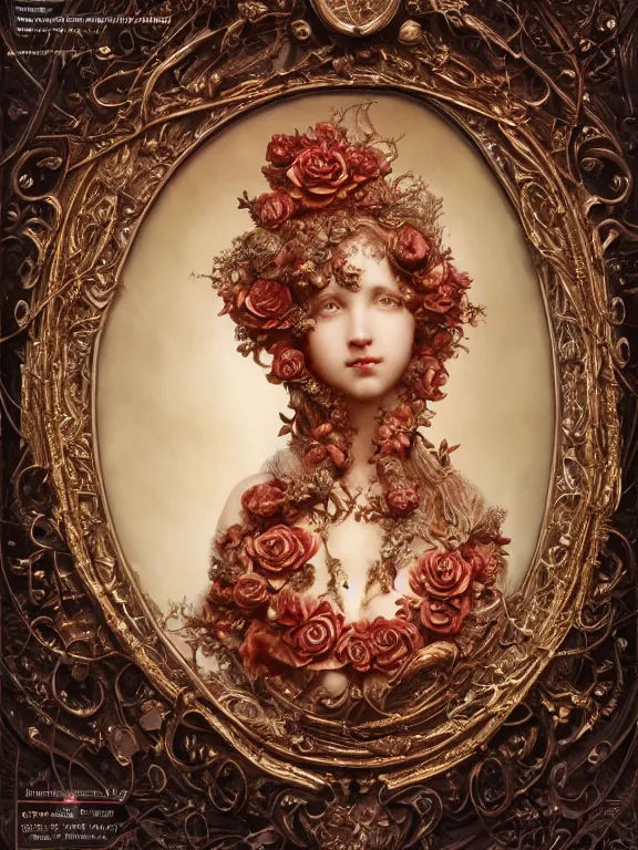 Image similar to a beautiful render of catholic rococo roses veiled red queen sculpture with symmetry intricate detailed,by Lawrence Alma-Tadema and aaron horkey and NekroXIII and Billelis and peter gric,Trending on artstation,ZBrush,maximalist,glittering,gold,silver,ivory,hyperreal,golden ratio,cinematic lighting
