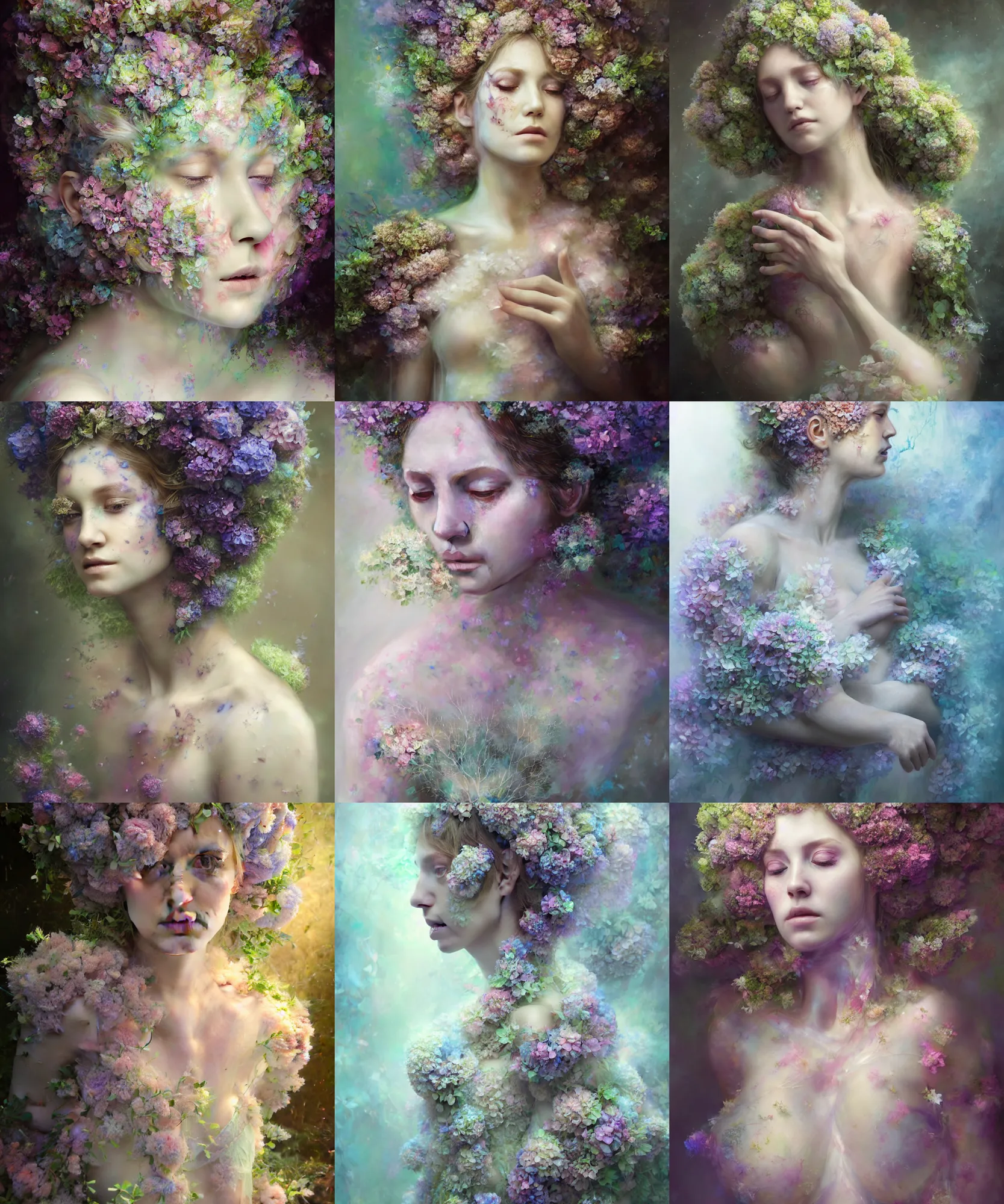 Prompt: medium shot realistic Portrait ethereal hydrangea dryad wearing beautiful dress, deity of hydrangeas made of hydrangeas, mystical, 4k digital masterpiece by Alberto Seveso and Anna Dittman, Ruan Jia, rossdraws, full view, fantasycore, Hyperdetailed, realistic oil on linen, soft lighting, Iconography background, featured on Artstation