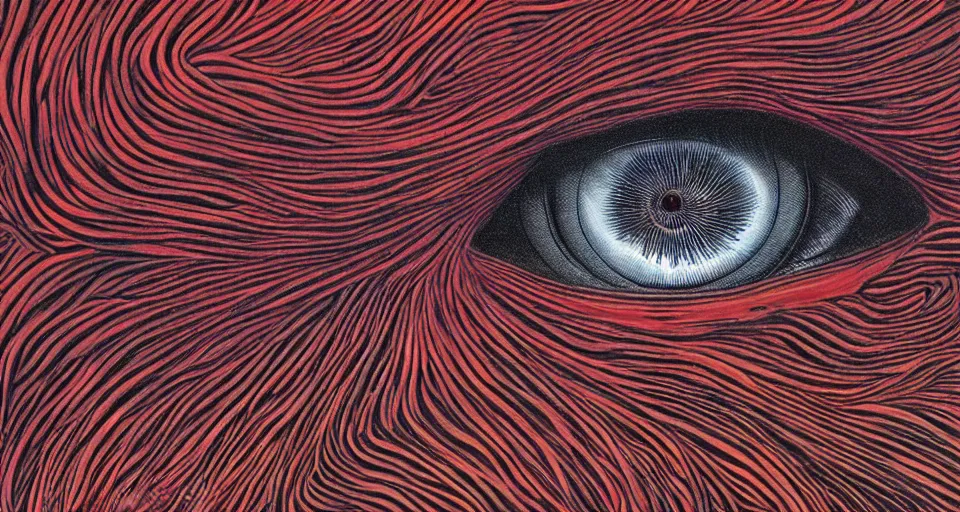 Image similar to a volcano made of ivory vines and crimson rocks enters in eruption, it spits a smoke in the shape of demonic eye, by Alex Grey ,