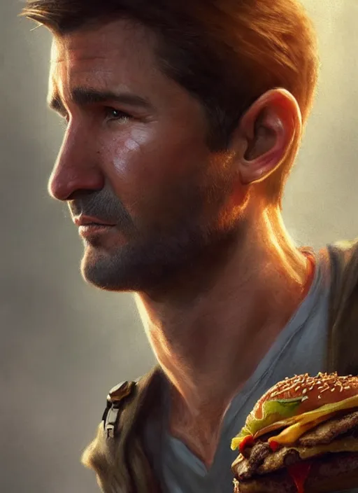 Prompt: Portrait of Nathan Drake with elven ears eating a cheeseburger, realistic, detailed, 4k by Greg Rutkowski Mark Arian trending on artstation