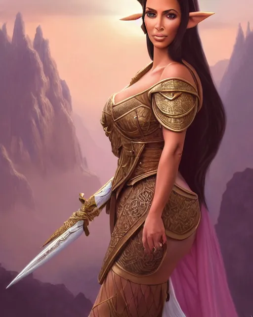 Image similar to A film still of kim kardashian as princess zelda in real life, highly detailed, digital painting, artstation, concept art, sharp focus, illustration, cinematic lighting, art by artgerm and greg rutkowski and alphonse mucha diffuse lighting, fantasy, intricate, elegant, highly detailed, lifelike, photorealistic, digital painting, artstation, illustration, concept art, smooth, sharp focus, art by John Collier and Albert Aublet and Krenz Cushart and Artem Demura and Alphonse Mucha