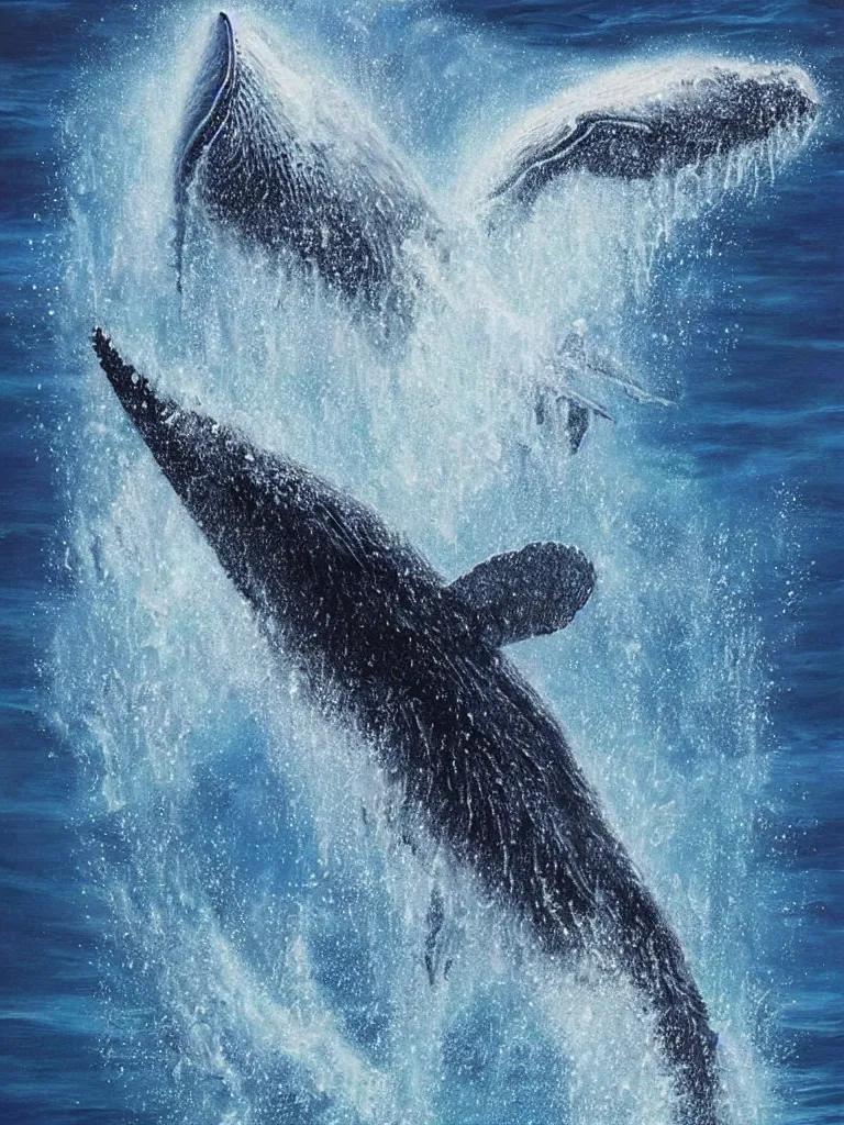 Prompt: realistic detailed drawing of a humpback whale full breach in a stormy ocean by Guy Harvey, trending on Artstation, rich deep vibrant colors