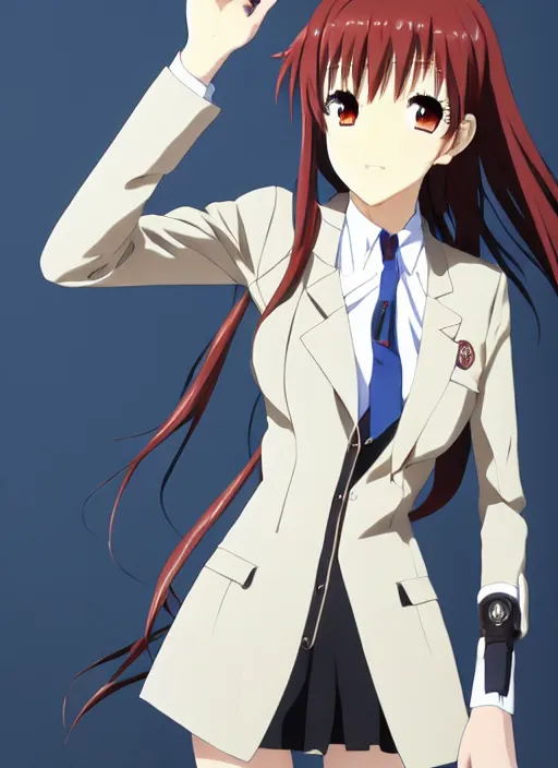 Prompt: Makise Kurisu from steins;gate wearing a jacket, painting in style of krenz cushart ilya kuvshinov KyoAni, Makoto Shinkai,Hideaki Anno,Mochiduki Key ,Studio Ghibli, Madhouse, WHITE FOX, Studio Trigger,GAINAX ,K-ON,yuruyuri, cygames,Production I.G ,wit studio,P.A.WORKS,ufotable,mappa,TOEI Animation,trending on artstation pixiv makoto shinkai smiling super detailed eyes symmetrical face visual novel