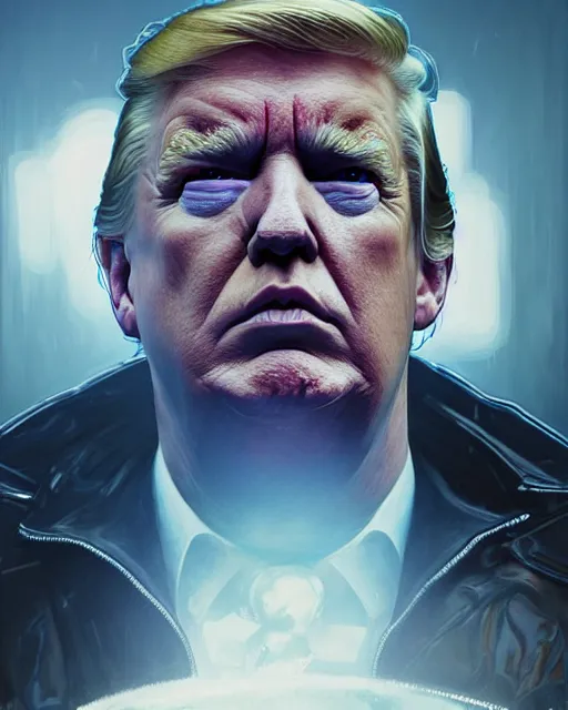 Image similar to highly detailed vfx portrait of donald trump as terminator, stephen bliss, unreal engine, greg rutkowski, loish, rhads, beeple, makoto shinkai and lois van baarle, ilya kuvshinov, rossdraws, tom bagshaw, alphonse mucha, global illumination, detailed and intricate environment