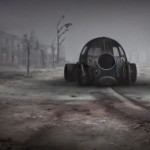 Prompt: emancipation of reality, fallout concept car in a foggy environment, daylight, wastelands