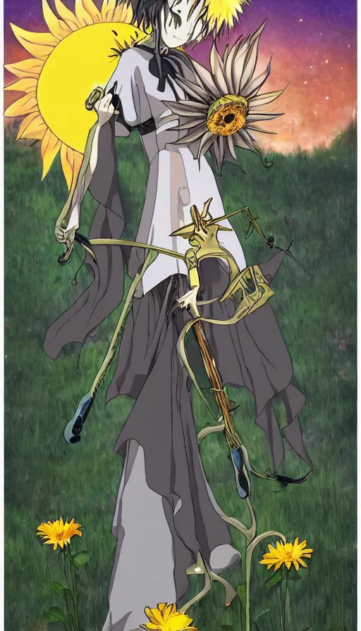 Prompt: the being death as a cute anime girl with a giant cute sun flower scythe from a studio ghibli film inspired by the death tarot card, dark ambiance