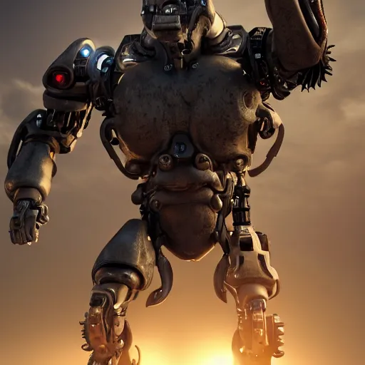 Image similar to a full body shot of a cyborg ( bull ) modeled after a bull looking into the camera, android, cyborg, full body shot, intricate, 3 d, hyper realism, fantasy, depth of field, octane render, symmetrical, highly detailed, digital art, artstation, concept art, cinematic lighting, trending