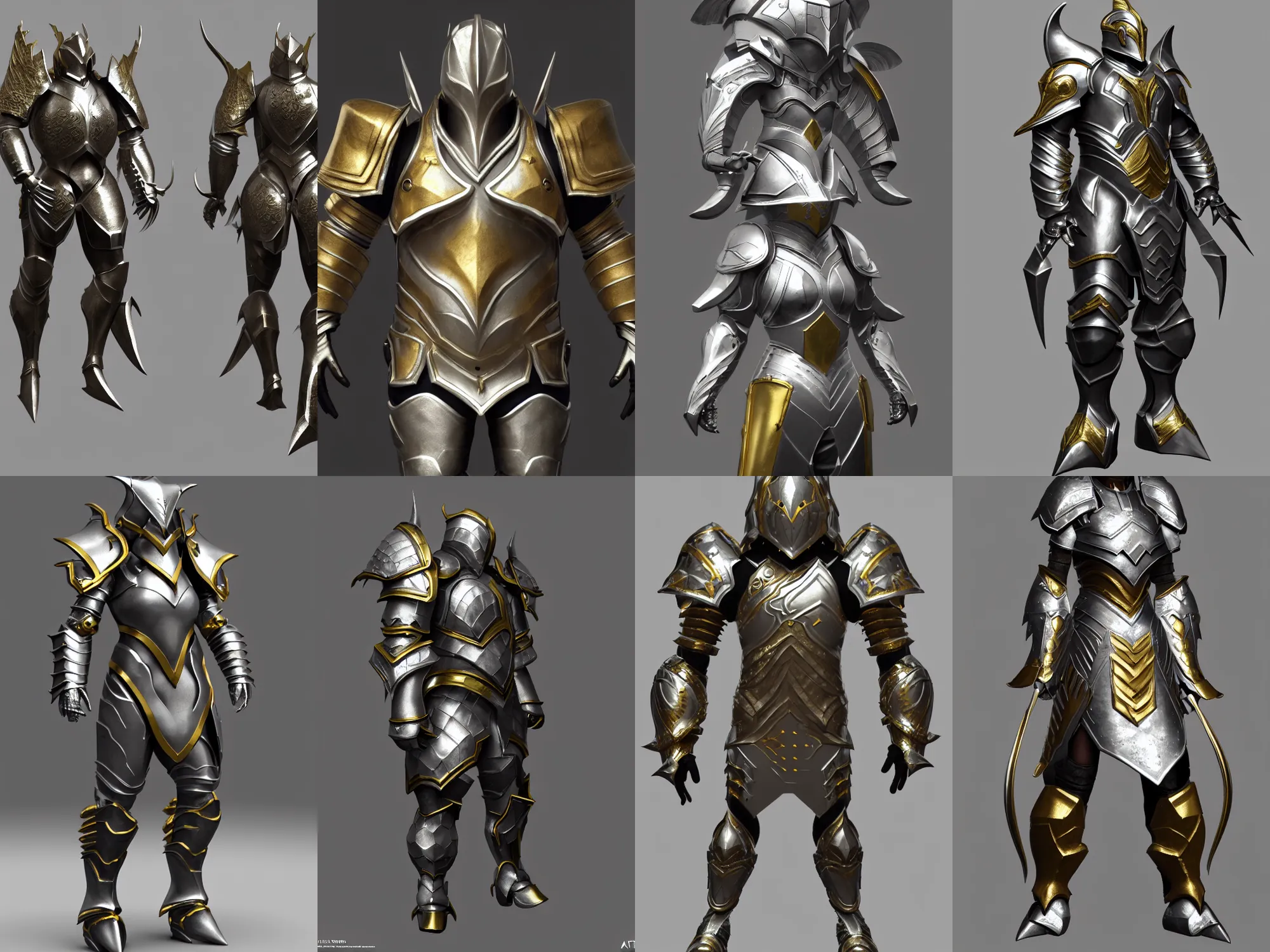 Prompt: render of heavy fantasy armor, silver with gold trim, stylish, extremely clean, exaggerated proportions, trending on Artstation, fantasy character concept, HD Octane render