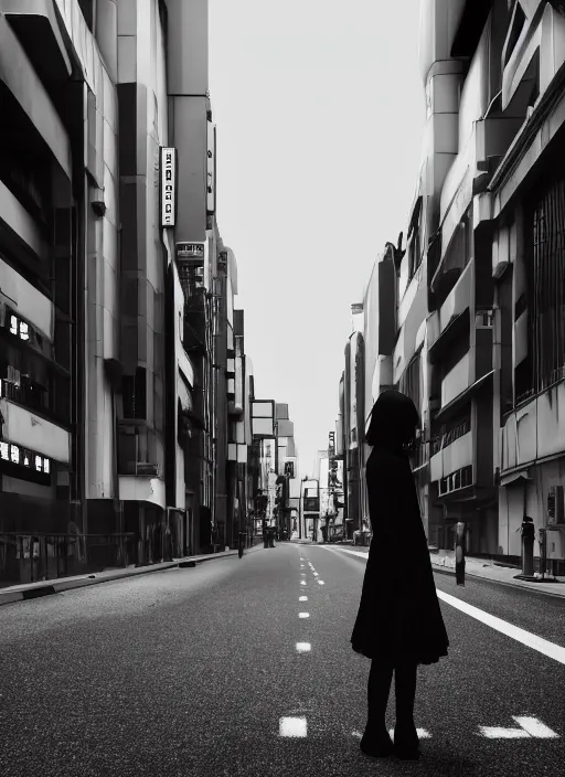 Image similar to headless girl standing in the middle of the tokyo street, photorealistic, canon r 3, symmetry, octane render, unreal engine, dramatic lights