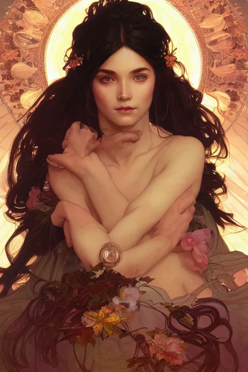 Image similar to close up portrait of goddes of rose, digital illustration, dramatic lighting, by artgerm and greg rutkowski and alphonse mucha