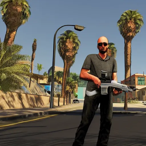 Image similar to Michael Ehrmantraut in GTA V . Los Santos in the background, palm trees. In the art style of Stephen Bliss.