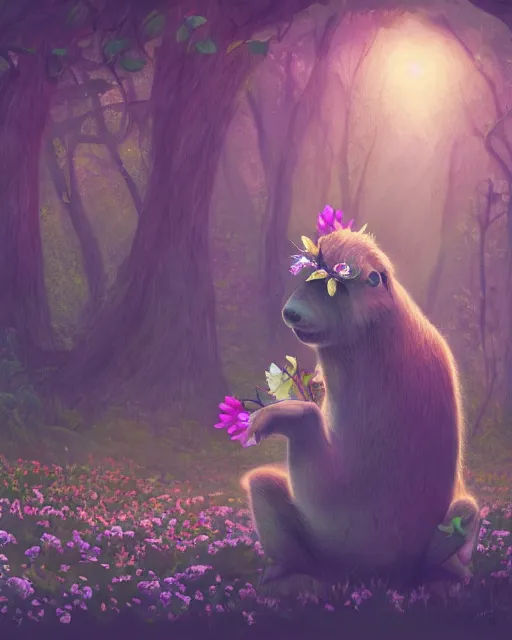 Image similar to Capybara playing Guitar in magical forest, portrait, wearing flower crown, magical notes, flowers, flower dress, birds, fairy atmosphere, magic the gathering artwork, D&D, fantasy, cinematic lighting, centered, symmetrical, highly detailed, digital painting, artstation, concept art, smooth, sharp focus, illustration, volumetric lighting, epic Composition, 8k, art by Akihiko Yoshida and Greg Rutkowski and Craig Mullins, oil painting, cgsociety