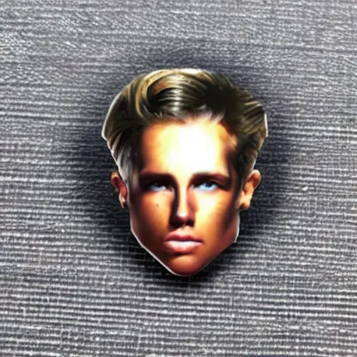 Image similar to transhumanism, metal badge with a hair clip