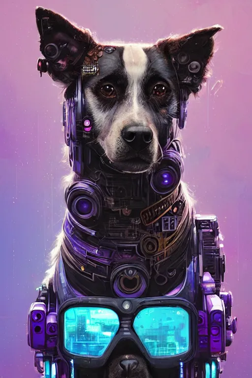 Image similar to a beautiful portrait of a cute cyberpunk dog by sandra chevrier and, greg rutkowski and wlop, purple blue color scheme, high key lighting, volumetric light, digital art, highly detailed, fine detail, intricate, ornate, complex, octane render, unreal engine, photorealistic