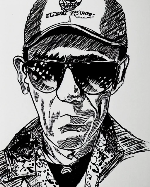 Prompt: Hunter S. Thompson drawn by Eiichiro Oda, manga, hand drawn, ink