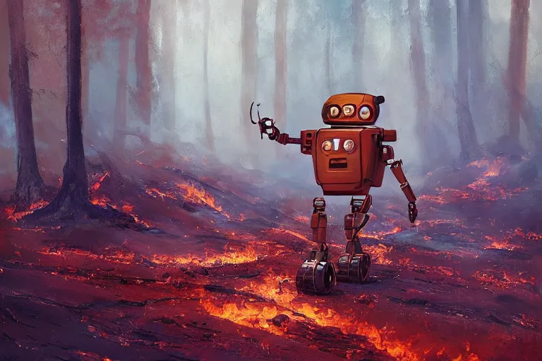 Image similar to a small scrawny robot lost and confused in the middle of a raging forest fire, by alejandro burdisio, trending on cgsociety