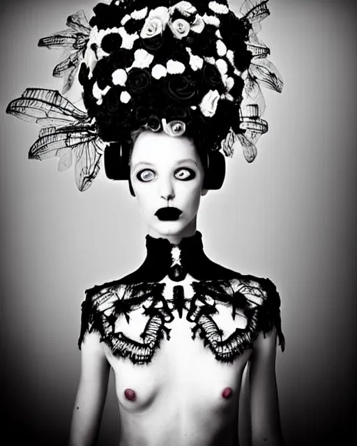 Image similar to dreamy surreal poetic black and white photo of a beautiful young female-cyborg-vegetal with a very long neck and a super big gothic lace collar filled with dead flies and a very high big floral crown with many black dry roses by Vivienne Westwood:: smoke, high fashion, haute couture, rococo, avant-garde, elegant, dreamy, hyper realistic, 150 mm lens, soft rim light, octane render, unreal engine, picture was taken in 1910 by Dora Maar, volumetric lighting, dramatic light,8k,