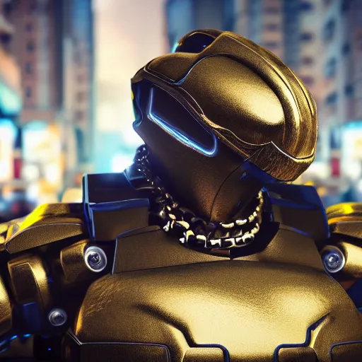 Image similar to photorealistic portrait render of a gangster robot mecha dinosaur wearing a gold chain, in a cyberpunk urban wasteland