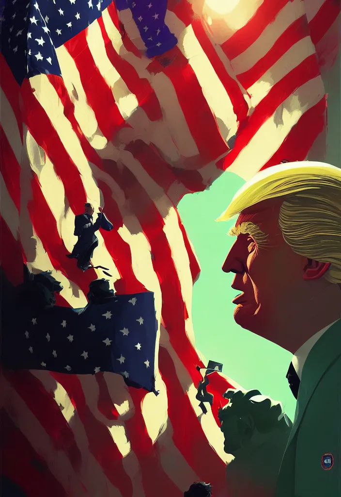 Image similar to portrait of donald trump, republicans party, united states flag behind, fantasy, by atey ghailan, by greg rutkowski, by greg tocchini, by james gilleard, by joe gb fenton, dynamic lighting, gradient light green, brown, blonde cream, salad and white colors in scheme, grunge aesthetic