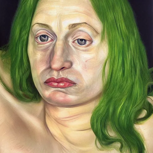 Image similar to high quality high detail painting by lucian freud, hd, green hair woman portrait, photorealistic lighting