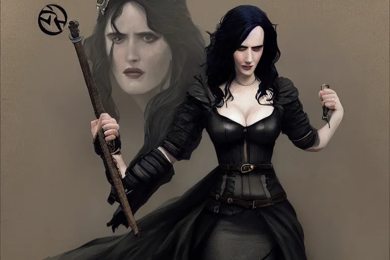 Prompt: A full body portrait of Eva Green as Yennefer from the Witcher 3 Game doing magic by Ruan Jia and Mandy Jurgens and Artgerm and william-adolphe bouguerea, highly detailed, trending on artstation, award winning, H 768