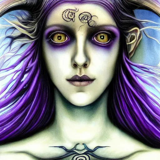 Image similar to Elden Ring themed painting of majestic chromatic purple-eyed girl with thin purple tentacles on her head beautiful ethereal angel symmetrical neutral black metal closeup face tattoo pattern golden ratio concept, Neo-Gothic concept, infinity glyph waves, intricate artwork masterpiece, very coherent artwork, cinematic, full frontal facial features by Artgerm, art by H.R. Giger, Joseph Michael Linsner, Zdizslaw Beksinski, Johnatan Wayshak, Moebius, Ayami Kojima, very anatomically coherent artwork, trending on cgsociety, ultra high quality model, production quality cinema model, high detail chromatic ink outline, octane render, unreal engine 8k, hyper realism, high detail, octane render, unreal engine, 8k, High contrast