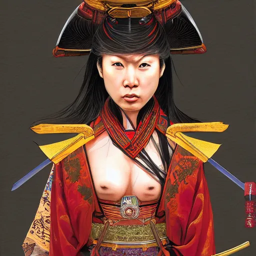 Image similar to portrait of a Asian samurai woman onna-musha, muscular, upper body, unarmored , D&D, fantasy, intricate, cinematic lighting, highly detailed, digital painting, artstation, concept art, smooth, sharp focus, illustration, art by Hajime Sorayama